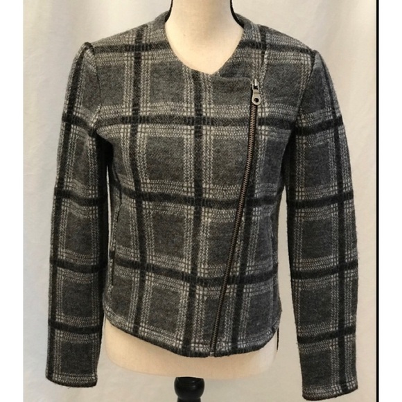 Joie Etesse Wool Blend Moto Jacket Gray Plaid Asymetrical Zip Size Small - Picture 2 of 10